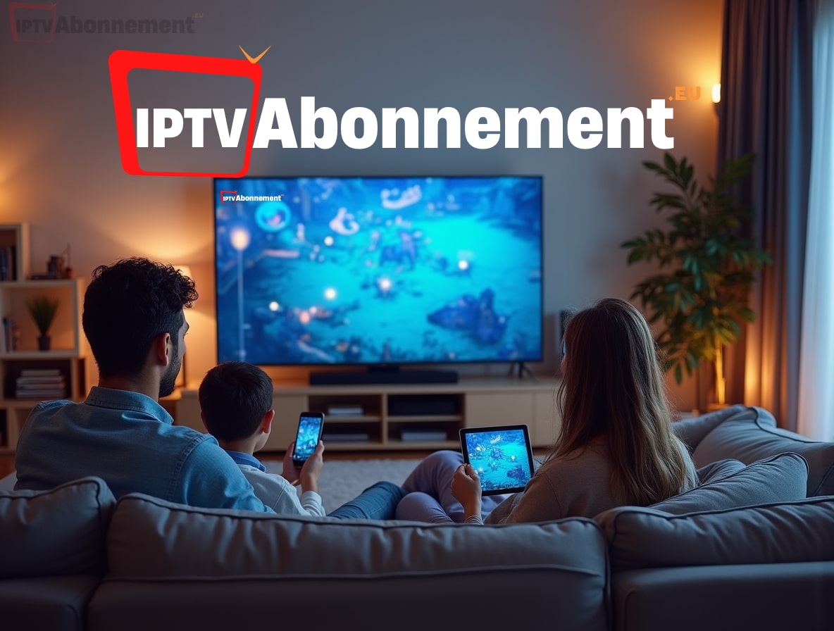 Gezin dat geniet van een premium IPTV Abonnement streaming op meerdere apparaten in een gezellige woonkamer met blauw-witte decoratie.